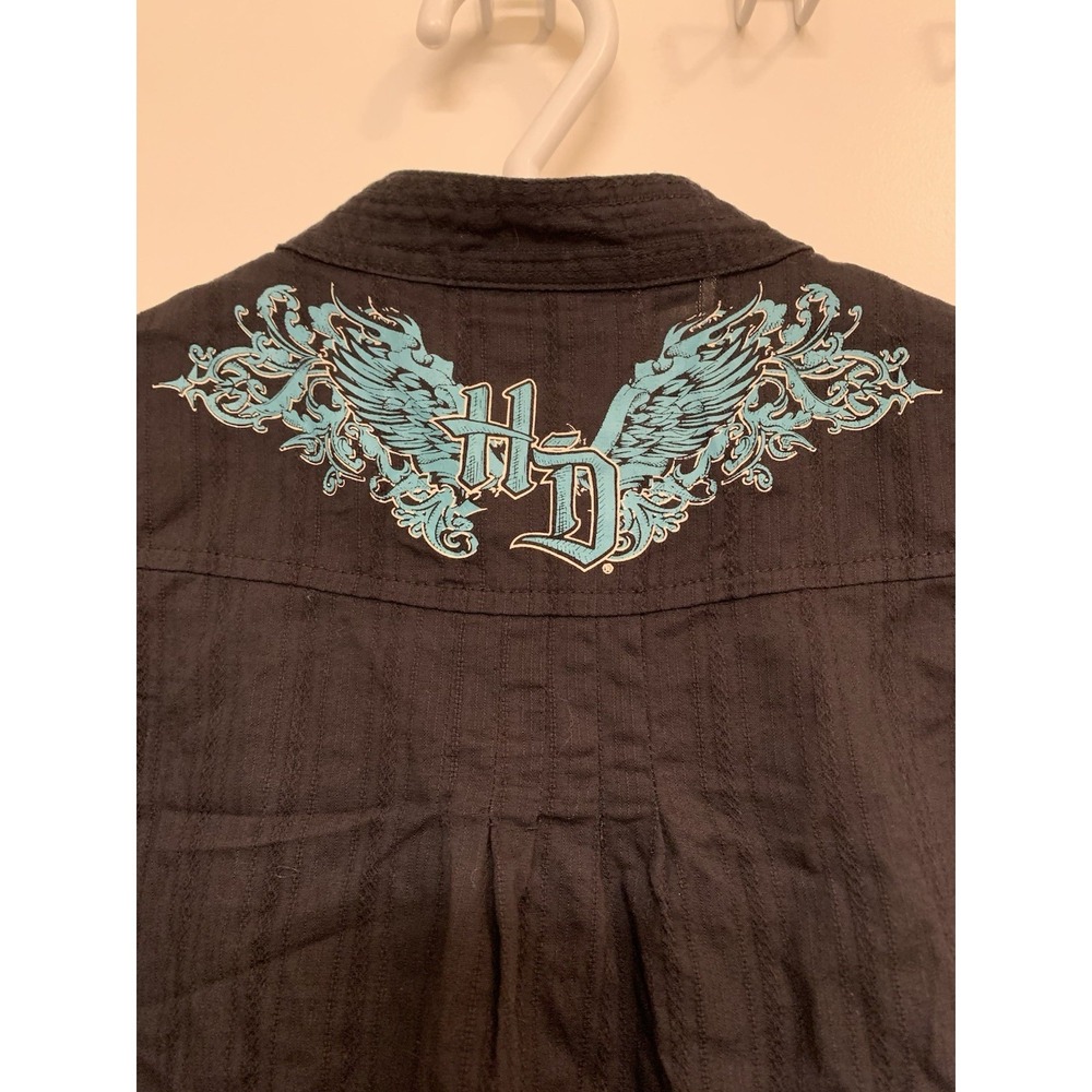 Harley Davidson Embroidered Angel Wings Pinstripe Shirt Short Sleeve Black Small - Picture 3 of 10